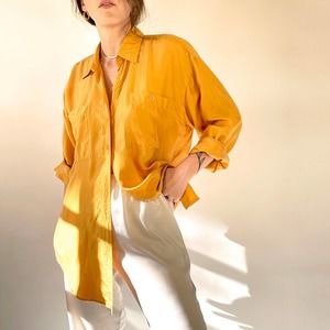 Vintage Golden Yellow Oversized Silk Button Up Shirt